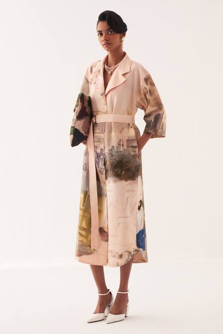 OFRIDA_Multi Color Cotton Collared Hand-painted Midi Trench Dress _Online_at_Aza_Fashions
