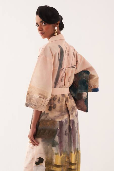 Buy_OFRIDA_Multi Color Cotton Collared Hand-painted Midi Trench Dress _Online_at_Aza_Fashions