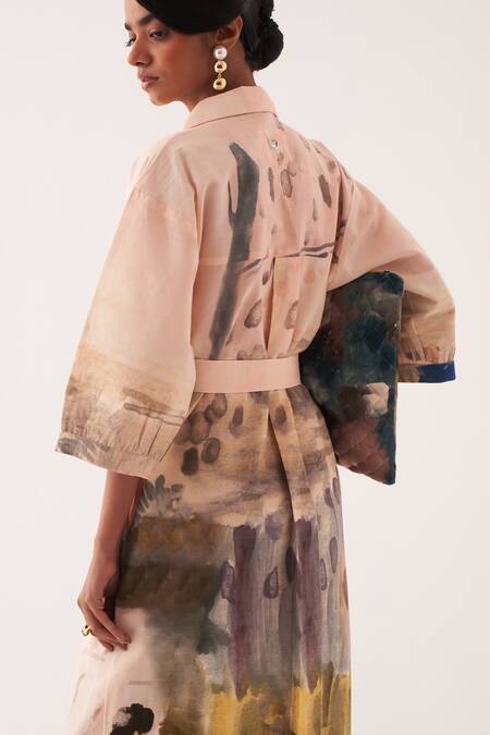 Shop_OFRIDA_Multi Color Cotton Collared Hand-painted Midi Trench Dress _Online_at_Aza_Fashions