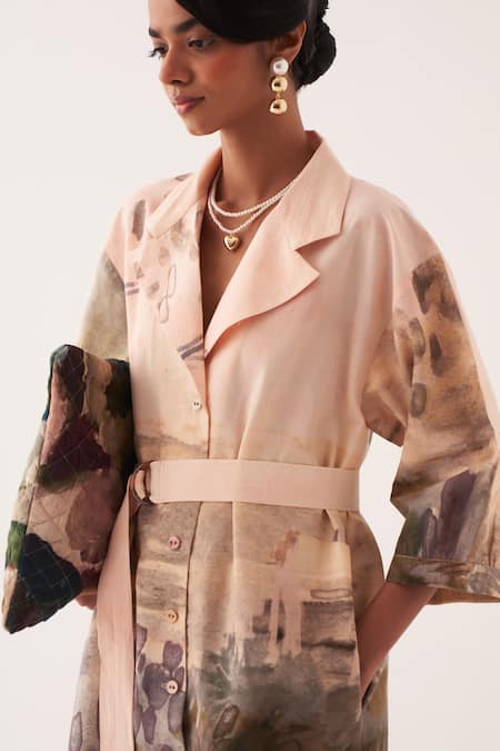 OFRIDA_Multi Color Cotton Collared Hand-painted Midi Trench Dress _at_Aza_Fashions