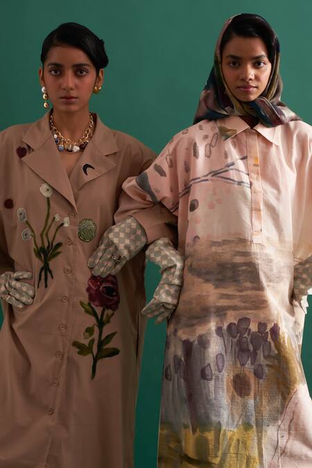 Shop OFRIDA Multi Color Cotton Embroidery Open Neck Abstract Expressionist Midi Dress Online at Aza Fashions Shop_OFRIDA_Multi Color Cotton Embroidery Open Neck Abstract Expressionist Midi Dress _Online_at_Aza_Fashions