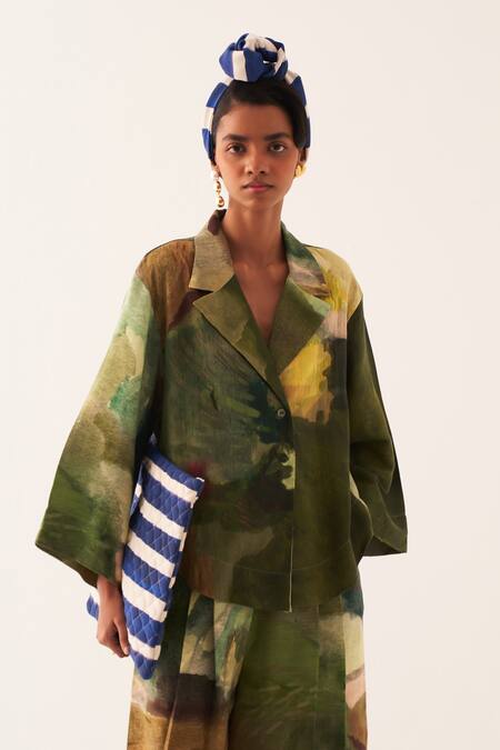 Shop_OFRIDA_Multi Color Embroidery Collared Hand-painted Abstract Jacket Shirt _Online_at_Aza_Fashions