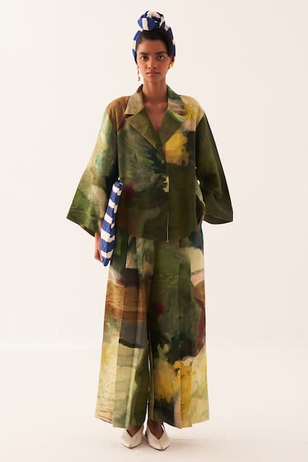 OFRIDA_Multi Color Embroidery Collared Hand-painted Abstract Jacket Shirt _at_Aza_Fashions