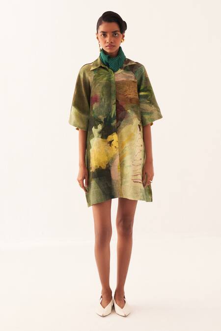 OFRIDA Multi Color Collared Abstract Print Aline Shirt Dress Online at Aza Fashions OFRIDA_Multi Color Collared Abstract Print Aline Shirt Dress _Online_at_Aza_Fashions