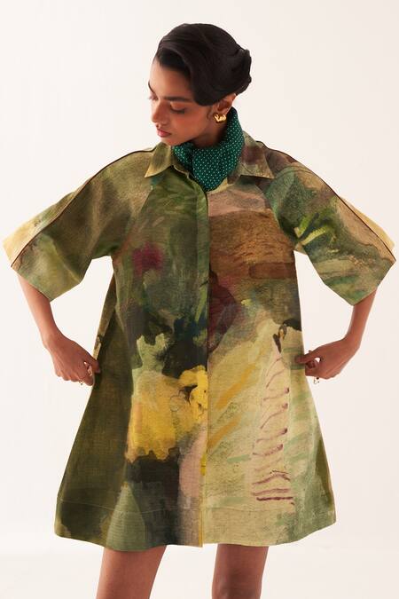 Buy OFRIDA Multi Color Collared Abstract Print Aline Shirt Dress Online at Aza Fashions Buy_OFRIDA_Multi Color Collared Abstract Print Aline Shirt Dress _Online_at_Aza_Fashions