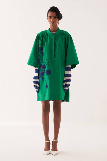 OFRIDA_Emerald Green Cotton Embroidery, Applique Mandarin Collar Designer Dress _Online_at_Aza_Fashions