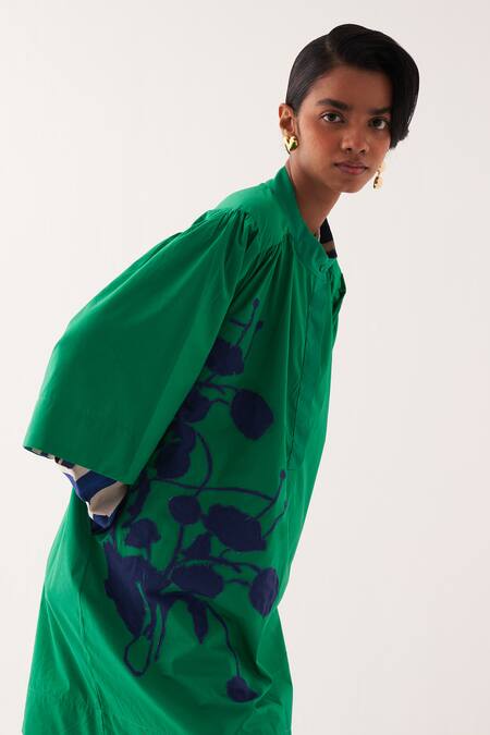 Buy_OFRIDA_Emerald Green Cotton Embroidery, Applique Mandarin Collar Designer Dress _Online_at_Aza_Fashions