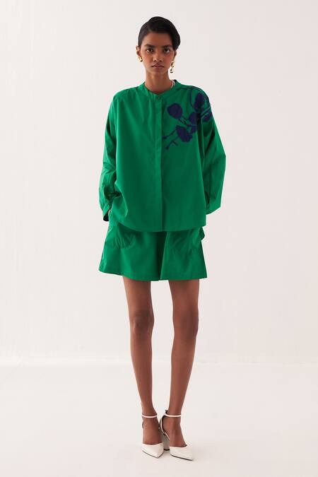Buy OFRIDA Emerald Green Cotton Embroidery Collared Applique Shirt Online at Aza Fashions Buy_OFRIDA_Emerald Green Cotton Embroidery Collared Applique Shirt _Online_at_Aza_Fashions