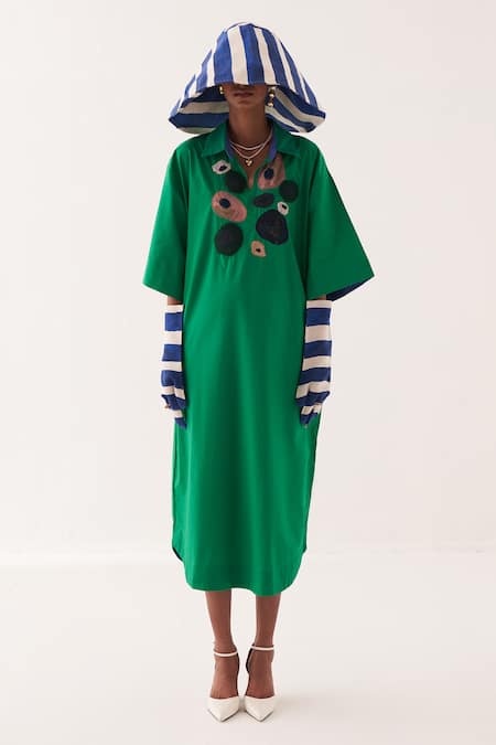 OFRIDA Emerald Green Embroidered Midi Dress 