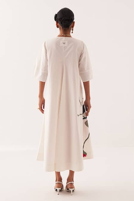 Shop OFRIDA Ivory Cotton Embroidery V-neck Mayflower Aline Midi Dress at Aza Fashions Shop_OFRIDA_Ivory Cotton Embroidery V-neck Mayflower Aline Midi Dress _at_Aza_Fashions
