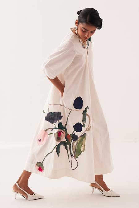 OFRIDA Ivory Cotton Embroidery V-neck Mayflower Aline Midi Dress Online at Aza Fashions OFRIDA_Ivory Cotton Embroidery V-neck Mayflower Aline Midi Dress _Online_at_Aza_Fashions
