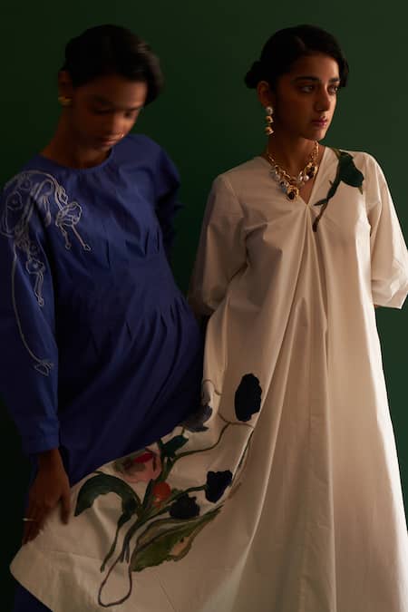 Shop OFRIDA Ivory Cotton Embroidery V-neck Mayflower Aline Midi Dress Online at Aza Fashions Shop_OFRIDA_Ivory Cotton Embroidery V-neck Mayflower Aline Midi Dress _Online_at_Aza_Fashions