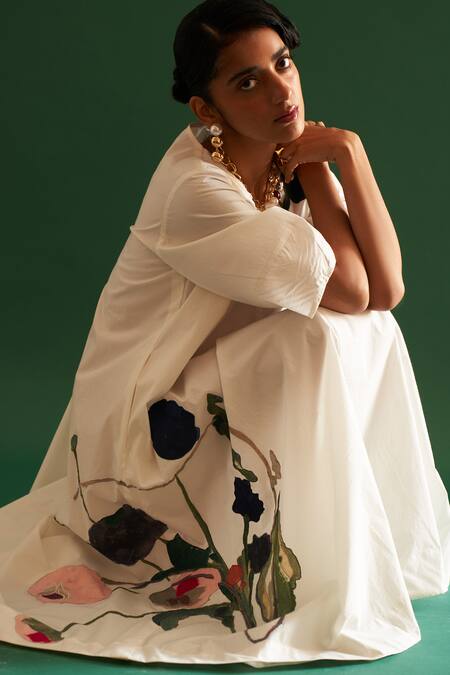 OFRIDA Ivory Cotton Embroidery V-neck Mayflower Aline Midi Dress at Aza Fashions OFRIDA_Ivory Cotton Embroidery V-neck Mayflower Aline Midi Dress _at_Aza_Fashions