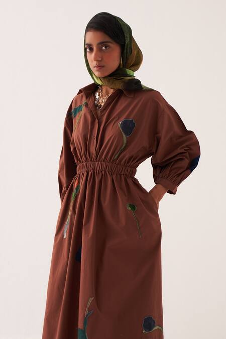 OFRIDA Brown Cotton Embroidery Collared A Line Floral Midi Dress Online at Aza Fashions OFRIDA_Brown Cotton Embroidery Collared A Line Floral Midi Dress _Online_at_Aza_Fashions