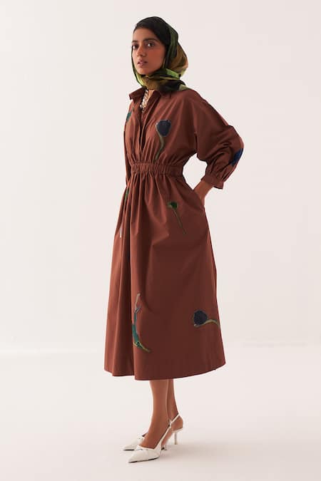 Shop OFRIDA Brown Cotton Embroidery Collared A Line Floral Midi Dress at Aza Fashions Shop_OFRIDA_Brown Cotton Embroidery Collared A Line Floral Midi Dress _at_Aza_Fashions