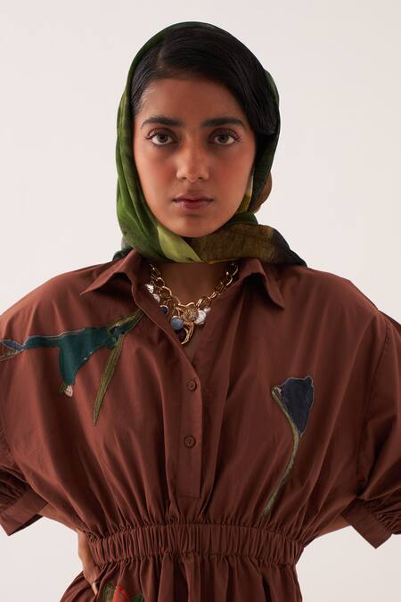 Buy OFRIDA Brown Cotton Embroidery Collared A Line Floral Midi Dress Online at Aza Fashions Buy_OFRIDA_Brown Cotton Embroidery Collared A Line Floral Midi Dress _Online_at_Aza_Fashions