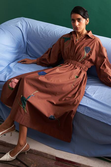 Shop OFRIDA Brown Cotton Embroidery Collared A Line Floral Midi Dress Online at Aza Fashions Shop_OFRIDA_Brown Cotton Embroidery Collared A Line Floral Midi Dress _Online_at_Aza_Fashions