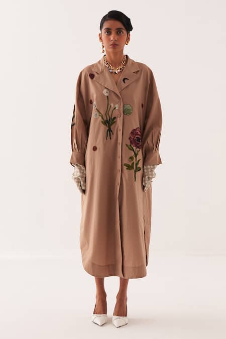 OFRIDA_Beige Cotton Embroidery Collared Fio Hand-painted Trench Dress _Online_at_Aza_Fashions