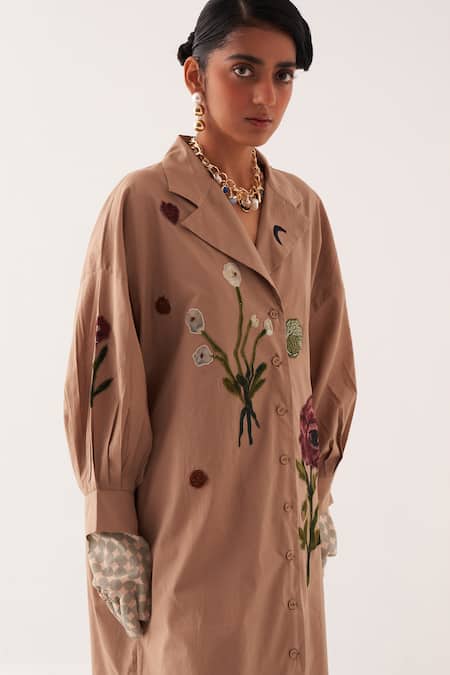 Shop_OFRIDA_Beige Cotton Embroidery Collared Fio Hand-painted Trench Dress _Online_at_Aza_Fashions