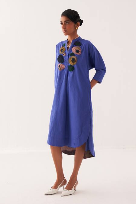 OFRIDA Blue Cotton Embroidery Floral Yoke Dress Online at Aza Fashions OFRIDA_Blue Cotton Embroidery Floral Yoke Dress _Online_at_Aza_Fashions