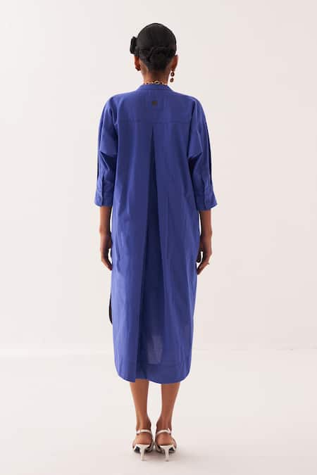 Shop OFRIDA Blue Cotton Embroidery Floral Yoke Dress at Aza Fashions Shop_OFRIDA_Blue Cotton Embroidery Floral Yoke Dress _at_Aza_Fashions
