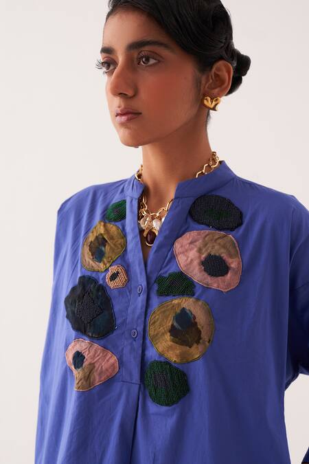 Buy OFRIDA Blue Cotton Embroidery Floral Yoke Dress Online at Aza Fashions Buy_OFRIDA_Blue Cotton Embroidery Floral Yoke Dress _Online_at_Aza_Fashions