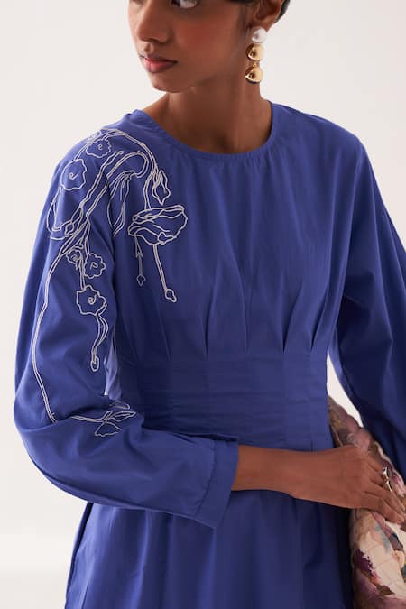 Shop_OFRIDA_Blue Cotton Embroidery Round Neck Darted Sleeve Midi Dress _Online_at_Aza_Fashions