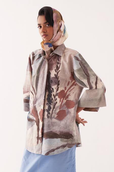 OFRIDA Multi Color Cotton Collared Hand-painted Abstract Midi Skirt Set Online at Aza Fashions OFRIDA_Multi Color Cotton Collared Hand-painted Abstract Midi Skirt Set_Online_at_Aza_Fashions