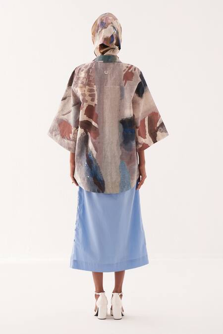 Shop OFRIDA Multi Color Cotton Collared Hand-painted Abstract Midi Skirt Set at Aza Fashions Shop_OFRIDA_Multi Color Cotton Collared Hand-painted Abstract Midi Skirt Set_at_Aza_Fashions