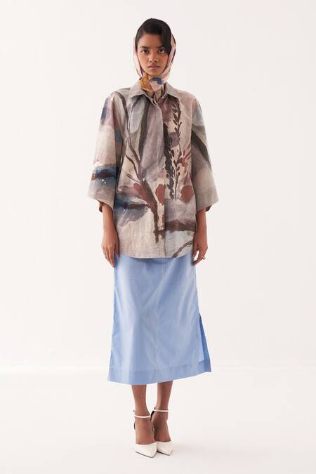 Buy OFRIDA Multi Color Cotton Collared Hand-painted Abstract Midi Skirt Set Online at Aza Fashions Buy_OFRIDA_Multi Color Cotton Collared Hand-painted Abstract Midi Skirt Set_Online_at_Aza_Fashions