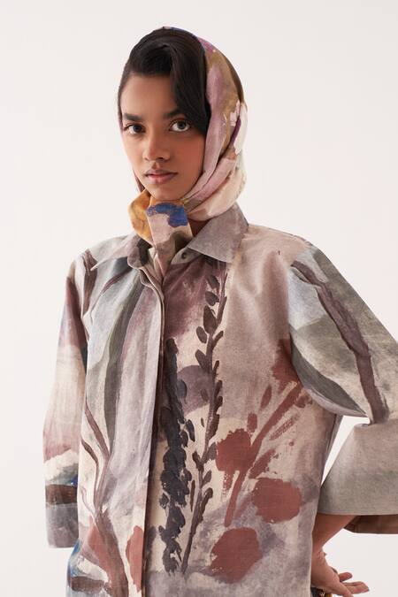 Buy OFRIDA Multi Color Cotton Collared Hand-painted Abstract Midi Skirt Set Buy_OFRIDA_Multi Color Cotton Collared Hand-painted Abstract Midi Skirt Set