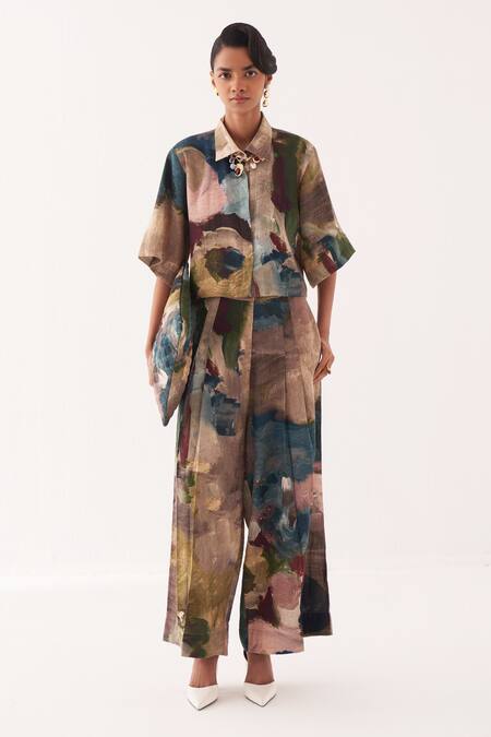 OFRIDA Multi Color Cotton Collared Abstract Expressionist Pant Set Online at Aza Fashions OFRIDA_Multi Color Cotton Collared Abstract Expressionist Pant Set _Online_at_Aza_Fashions