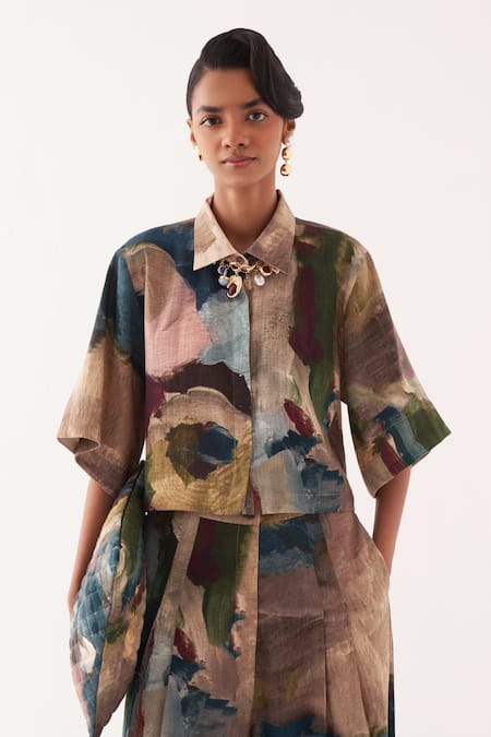 OFRIDA Multi Color Cotton Collared Abstract Expressionist Pant Set at Aza Fashions OFRIDA_Multi Color Cotton Collared Abstract Expressionist Pant Set _at_Aza_Fashions