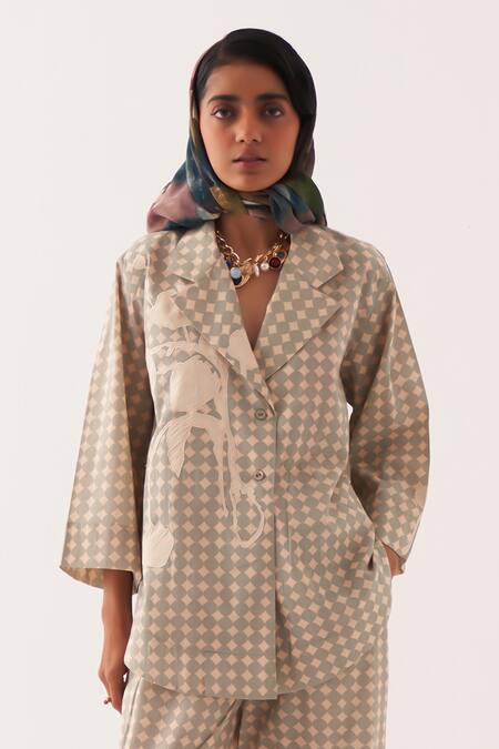 Shop OFRIDA Multi Color Cotton Applique Collared Cuboid Work Jacket And Pant Set Online at Aza Fashions Shop_OFRIDA_Multi Color Cotton Applique Collared Cuboid Work Jacket And Pant Set _Online_at_Aza_Fashions