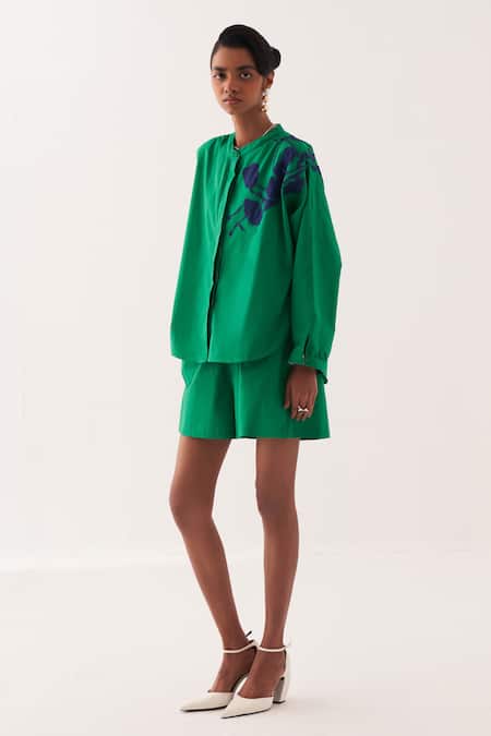 OFRIDA_Green Cotton Embroidery Emerald Applique Shirt And Shorts Set _Online_at_Aza_Fashions