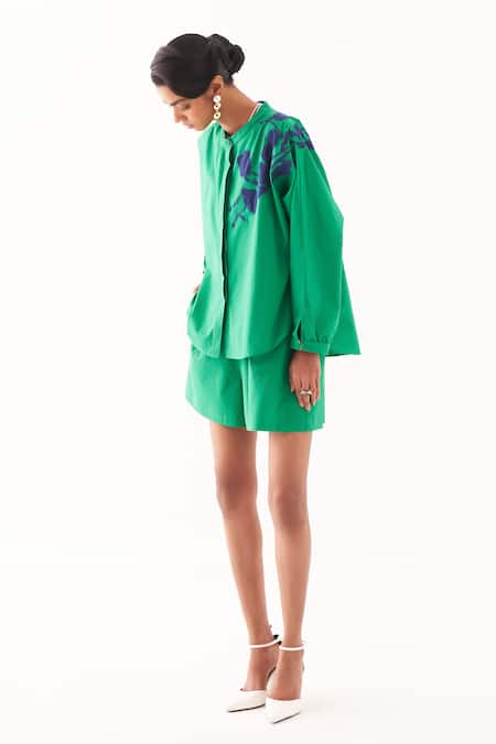 OFRIDA_Green Cotton Embroidery Emerald Applique Shirt And Shorts Set _at_Aza_Fashions