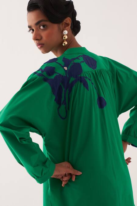 Buy_OFRIDA_Green Cotton Embroidery Emerald Applique Shirt And Shorts Set 