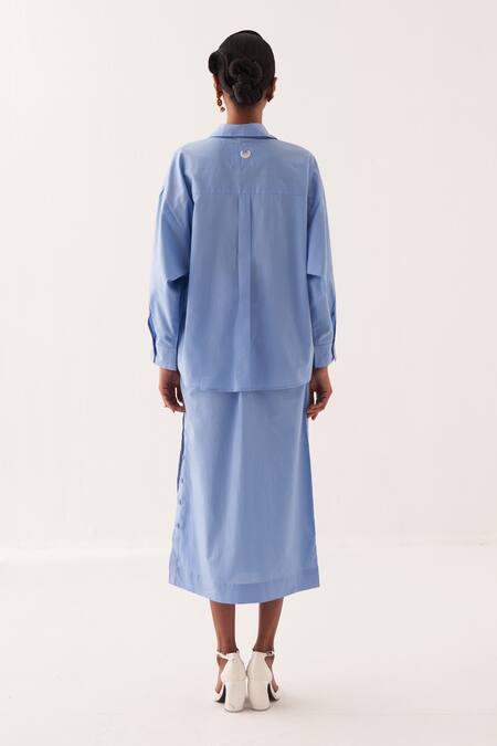 Shop OFRIDA Blue Cotton Embroidery Collared Sky Shirt And Midi Skirt Set at Aza Fashions Shop_OFRIDA_Blue Cotton Embroidery Collared Sky Shirt And Midi Skirt Set_at_Aza_Fashions
