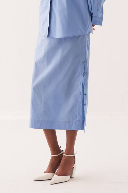 OFRIDA Blue Cotton Embroidery Collared Sky Shirt And Midi Skirt Set Online at Aza Fashions OFRIDA_Blue Cotton Embroidery Collared Sky Shirt And Midi Skirt Set_Online_at_Aza_Fashions