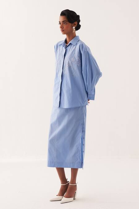 Buy OFRIDA Blue Cotton Embroidery Collared Sky Shirt And Midi Skirt Set Online at Aza Fashions Buy_OFRIDA_Blue Cotton Embroidery Collared Sky Shirt And Midi Skirt Set_Online_at_Aza_Fashions