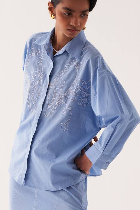 Shop OFRIDA Blue Cotton Embroidery Collared Sky Shirt And Midi Skirt Set Online at Aza Fashions Shop_OFRIDA_Blue Cotton Embroidery Collared Sky Shirt And Midi Skirt Set_Online_at_Aza_Fashions