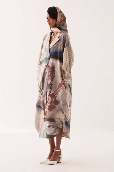 Buy OFRIDA Multi Color Cotton Embroidery Round Neck Frida Trench Dress Set Online at Aza Fashions Buy_OFRIDA_Multi Color Cotton Embroidery Round Neck Frida Trench Dress Set _Online_at_Aza_Fashions