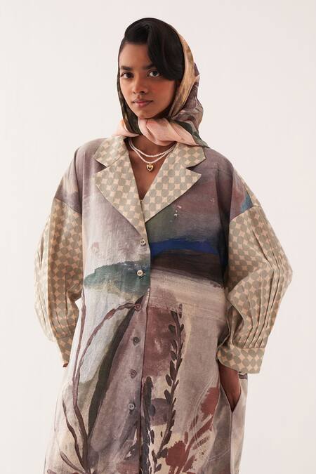 Shop OFRIDA Multi Color Cotton Embroidery Round Neck Frida Trench Dress Set Online at Aza Fashions Shop_OFRIDA_Multi Color Cotton Embroidery Round Neck Frida Trench Dress Set _Online_at_Aza_Fashions