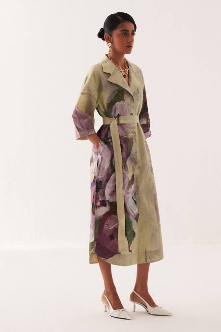 OFRIDA Multi Color Cotton Embroidery Round Neck Pista Bloom Midi Trench Set Online at Aza Fashions OFRIDA_Multi Color Cotton Embroidery Round Neck Pista Bloom Midi Trench Set _Online_at_Aza_Fashions