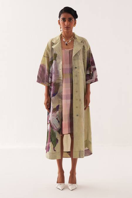 Buy OFRIDA Multi Color Cotton Embroidery Round Neck Pista Bloom Midi Trench Set Online at Aza Fashions Buy_OFRIDA_Multi Color Cotton Embroidery Round Neck Pista Bloom Midi Trench Set _Online_at_Aza_Fashions