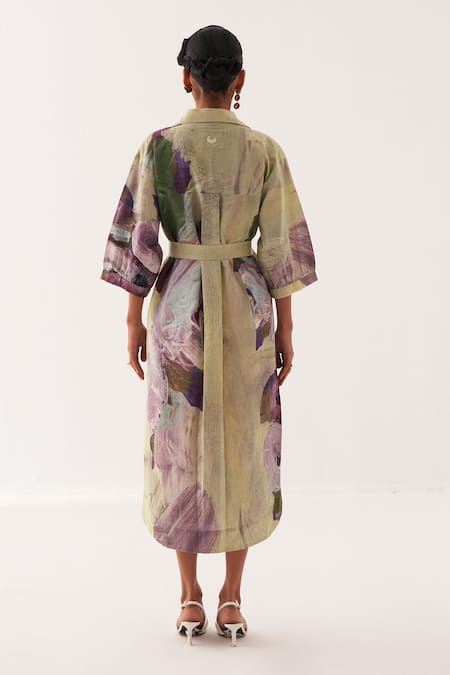 Shop OFRIDA Multi Color Cotton Embroidery Round Neck Pista Bloom Midi Trench Set at Aza Fashions Shop_OFRIDA_Multi Color Cotton Embroidery Round Neck Pista Bloom Midi Trench Set _at_Aza_Fashions