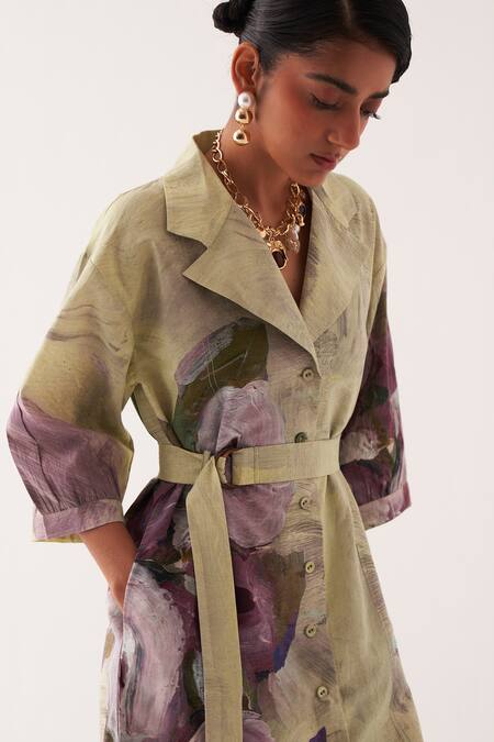 Shop OFRIDA Multi Color Cotton Embroidery Round Neck Pista Bloom Midi Trench Set Online at Aza Fashions Shop_OFRIDA_Multi Color Cotton Embroidery Round Neck Pista Bloom Midi Trench Set _Online_at_Aza_Fashions