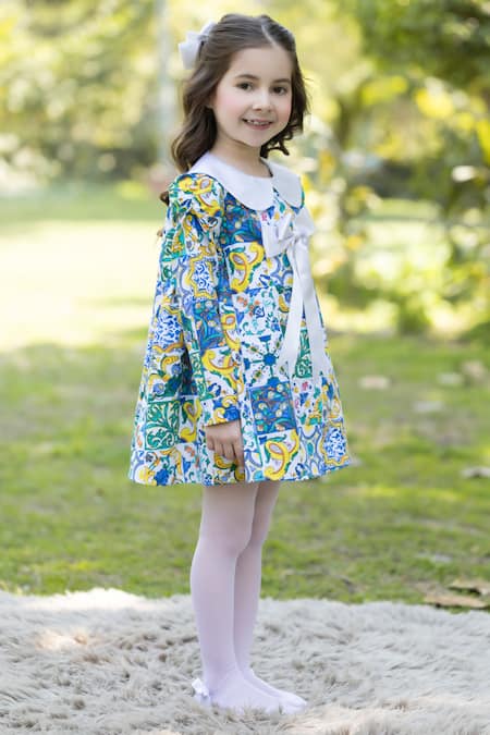 Buy_The Pony & Peony Co._Multi Color Cotton Bows Sorento Full Sleeves Printed Dress _Online_at_Aza_Fashions