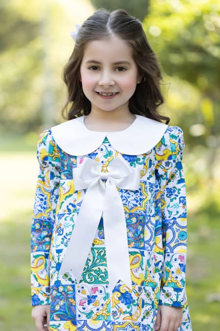 Shop_The Pony & Peony Co._Multi Color Cotton Bows Sorento Full Sleeves Printed Dress _Online_at_Aza_Fashions