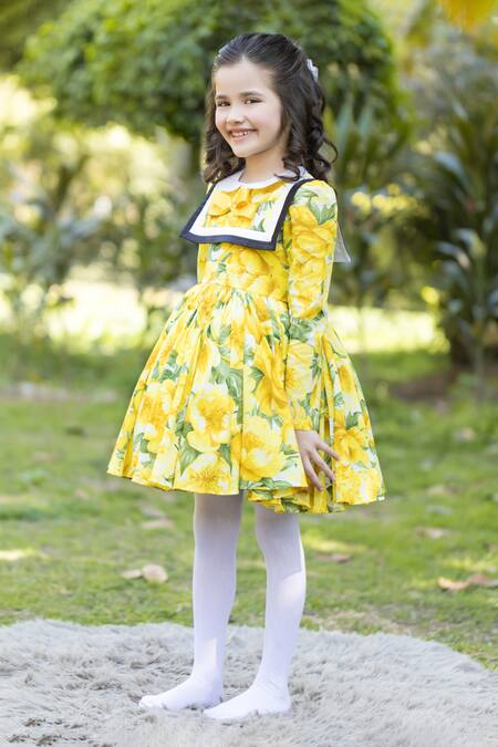 Shop The Pony & Peony Co. Yellow Cotton Floral Peony Dress Online at Aza Fashions Shop_The Pony & Peony Co._Yellow Cotton Floral Peony Dress _Online_at_Aza_Fashions
